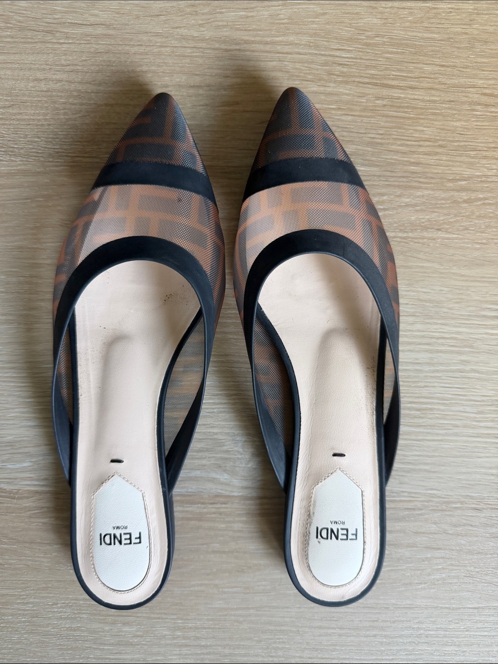 Fendi Brown Mesh FF Logo Pointed-Toe Mule Flats